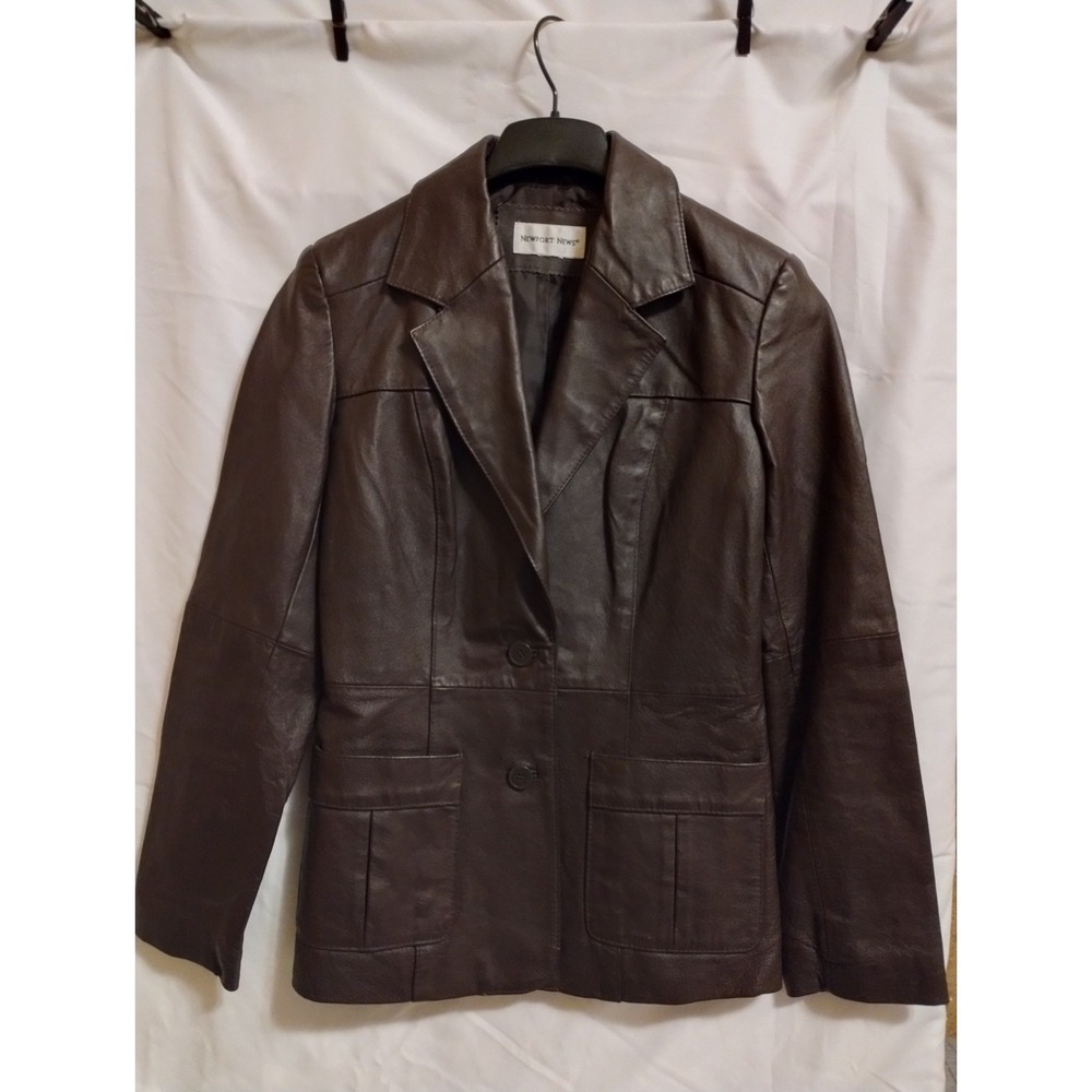 Newport News women's 100% leather Brown Blazer Jacket Button Front Lined Pockets